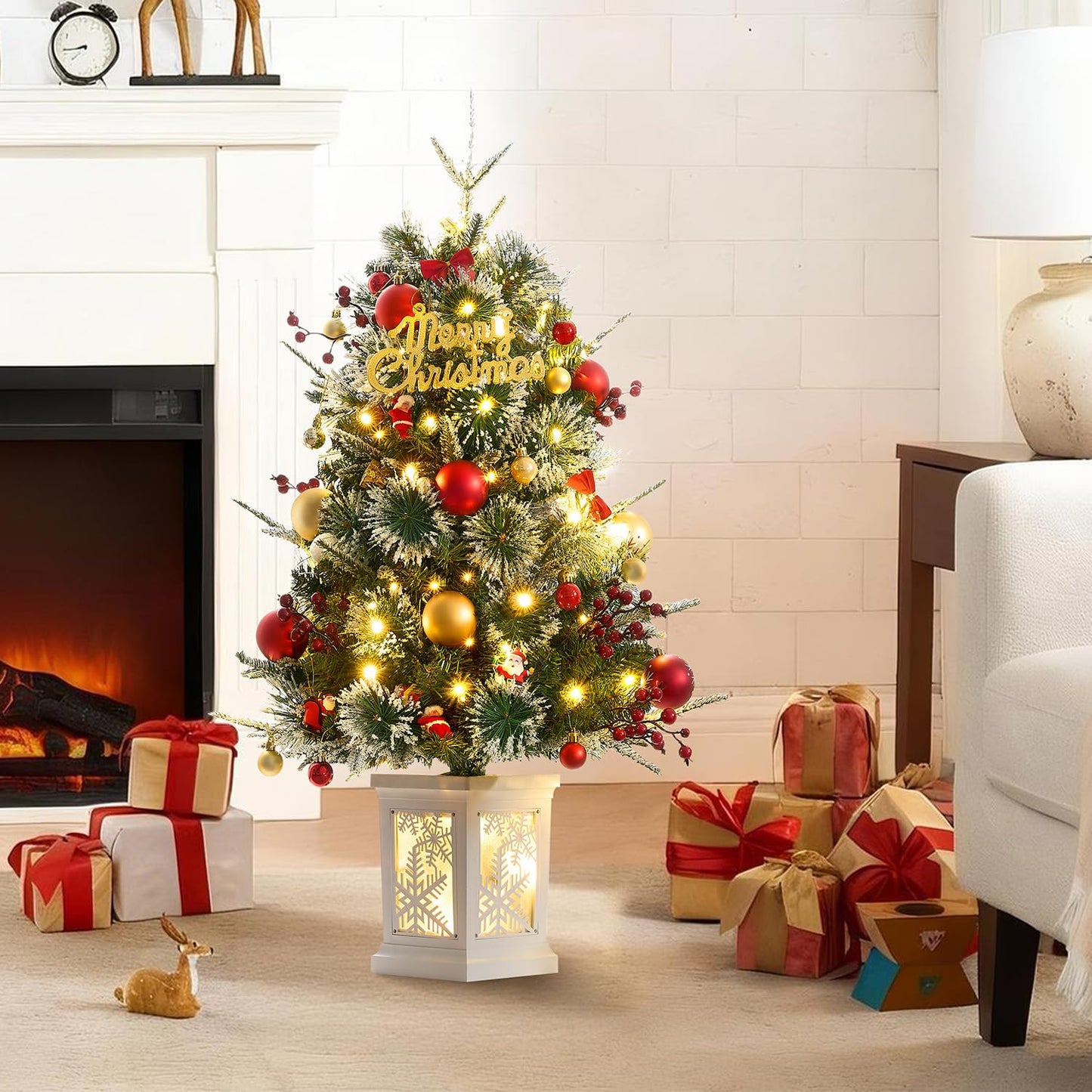 Small 3FT Pre-Lit Snow Flocked Christmas Tree with Twinkling Lights for Home Office Christmas Decor- Battery Operated & Timer (Snowflake Base)