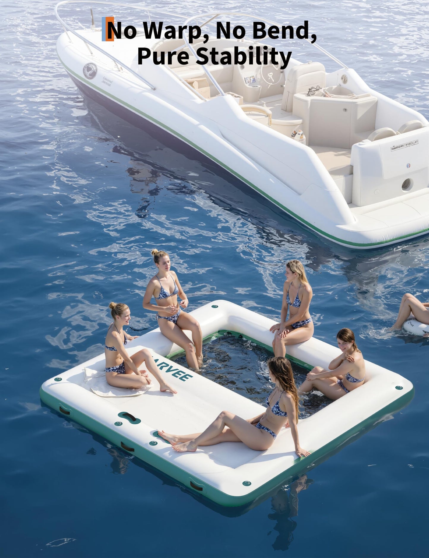 Inflatable Floating Island 10x10FT - with 4 * 7ft Trampoline Mesh Pool & Detachable Ladder - Portable Water Dock for Beach, Pool, Lake - Non-Slip Surface + Storage Bag