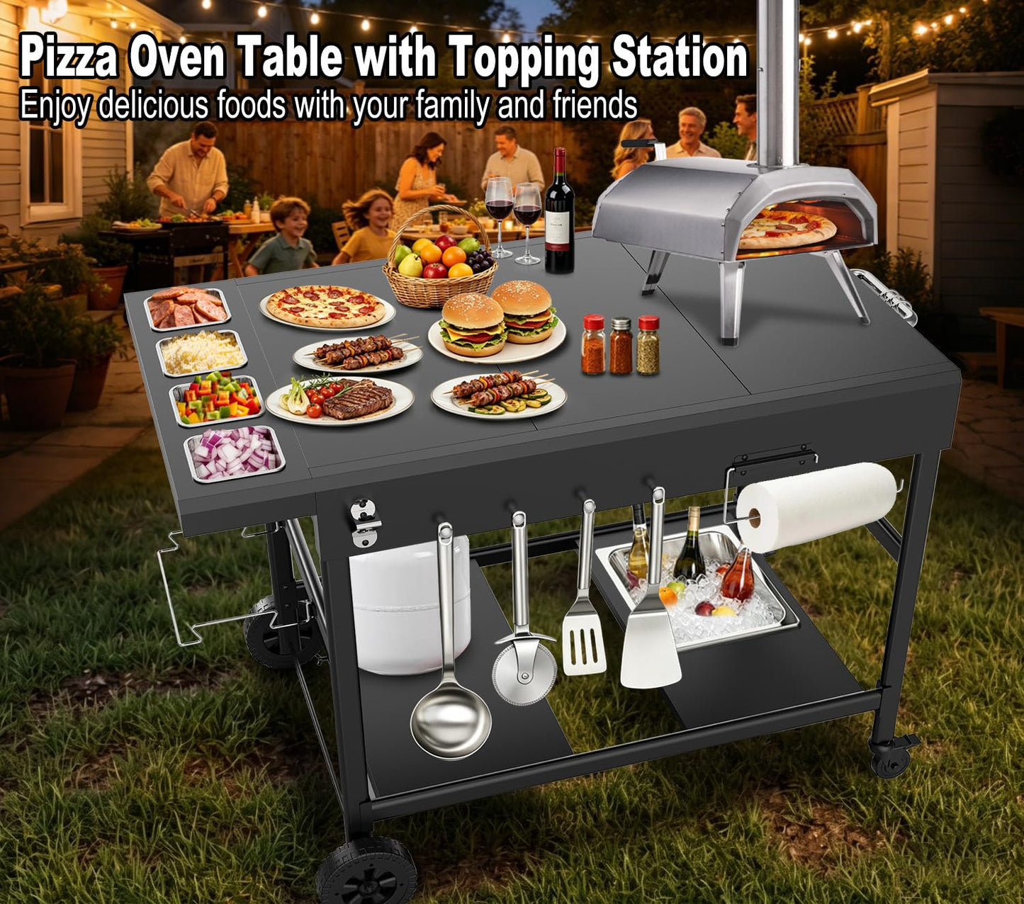 Barbqtime Pizza Oven Table with Topping Station, Outdoor Pizza Oven Cart, Grill Cart for Ninja, Cuisinart, Gozney, Movable BBQ Prep Table Station with Seasoning Tray for Patio, Kitchen, Backyard