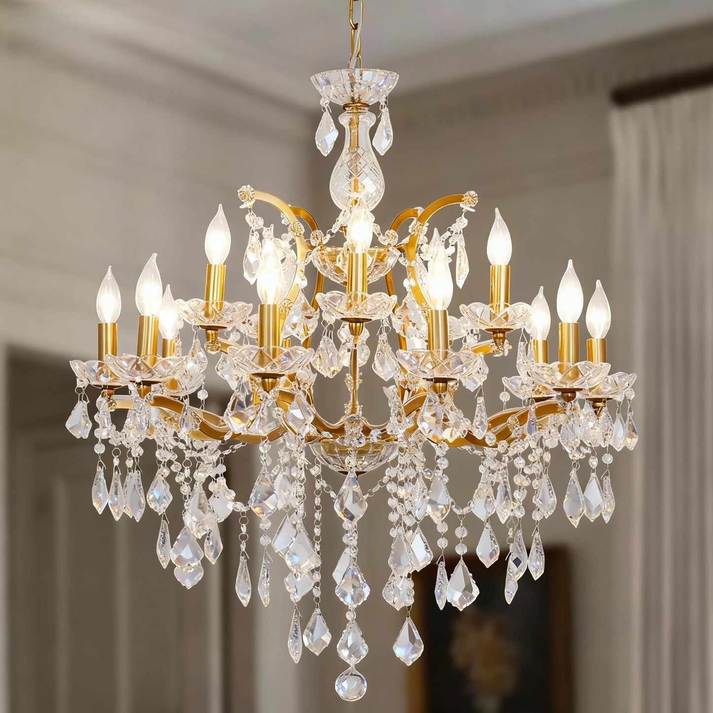 MEELIGHTING Antique Gold Crystal Chandeliers, Luxury Polished Golden Bronze Candle Pendant Ceiling Light Fixture, 15 Lights Golden Crystal Chandelier for Dining Room Living Room Bedroom Foyer
