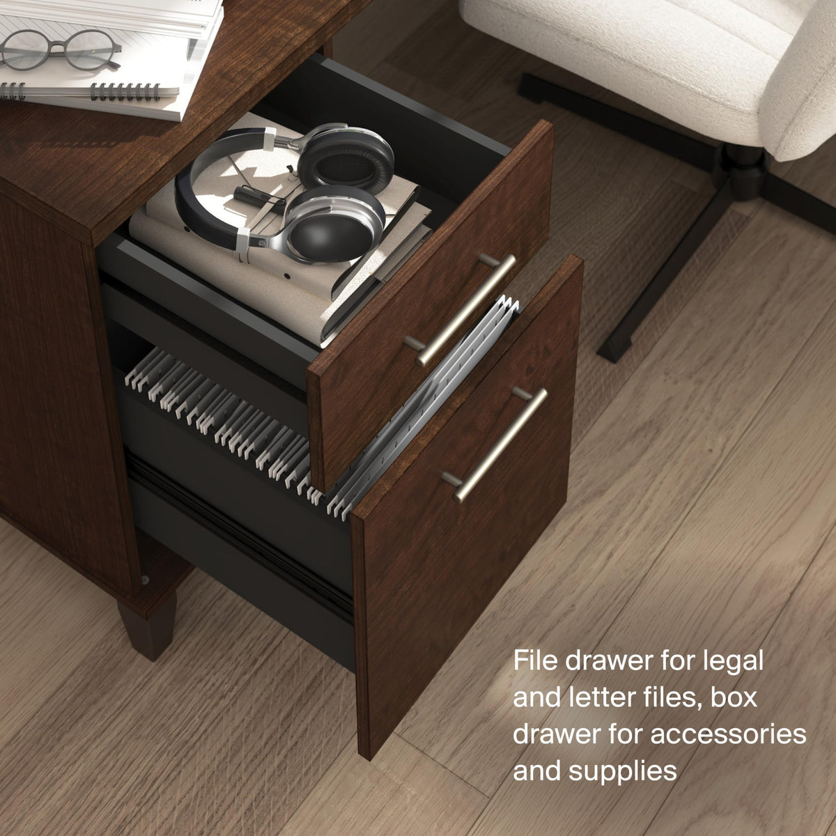 Bush Home 72-Inch L-Shaped Desk with Storage, Corner Computer Office Desk with File and Box Drawers, Home Office Workstation with Storage Cabinet, Somerset Collection, Mocha Cherry