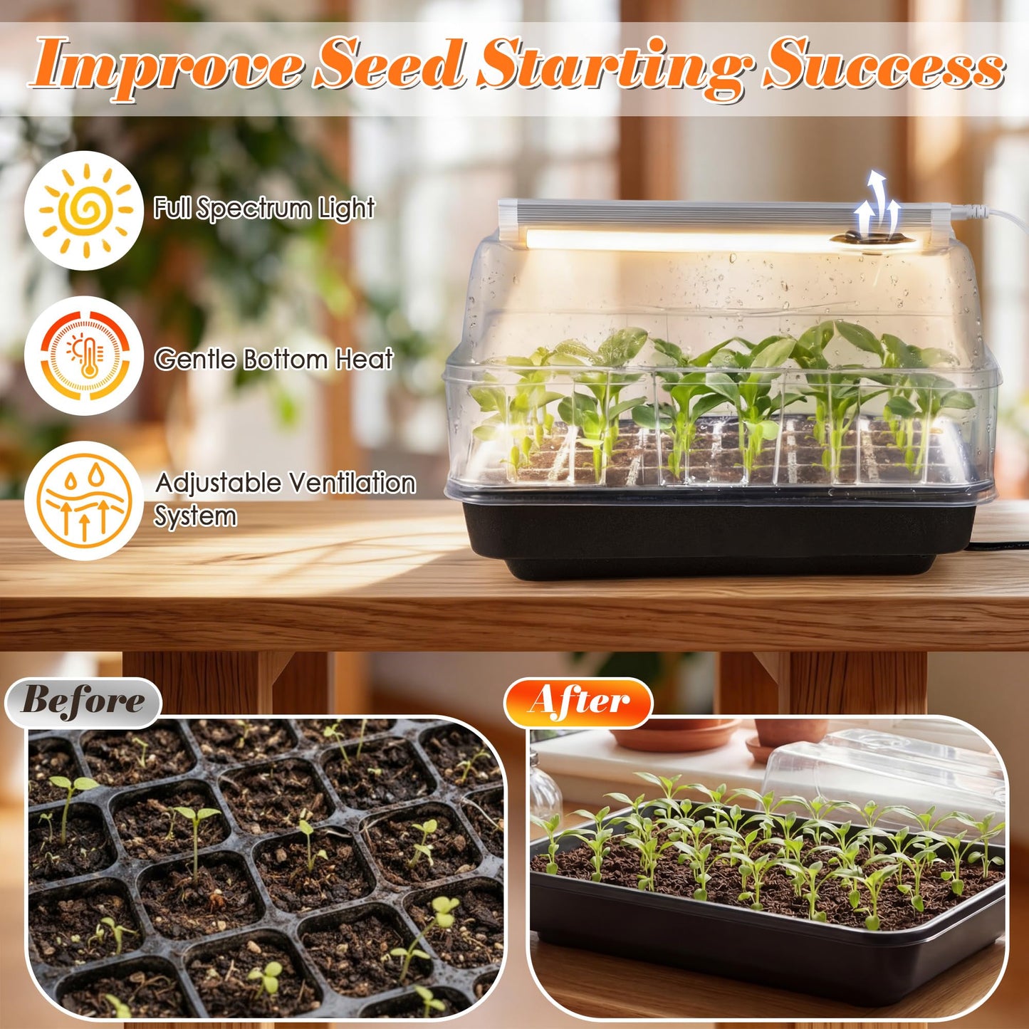 Saillong Seed Starter Tray with Grow Lights, Seedling Heating Tray with 15'' x 8.2'' Adjustable Height Humidity Domes, Plant Germination Propagation Kit for Planting Seeds, Mini Greenhouse Indoor
