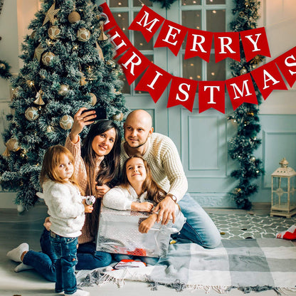 Whaline Merry Christmas Canvas Banners, Red Christmas Bunting Garland, Hanging Xmas Decorations for Fireplace Wall (13ft in Total)