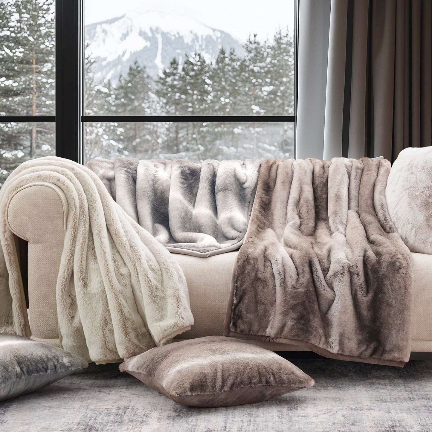 EVERGRACEHOME Ultra Soft Luxury Fluffy Mink Faux Fur Throw Blanket, Thick Warm Fall Winter Blankets for Bed, Couch, Cozy Plush Reversible Blanket for Chair, Sofa (Tipped Champagne Ivory, 60"x80")