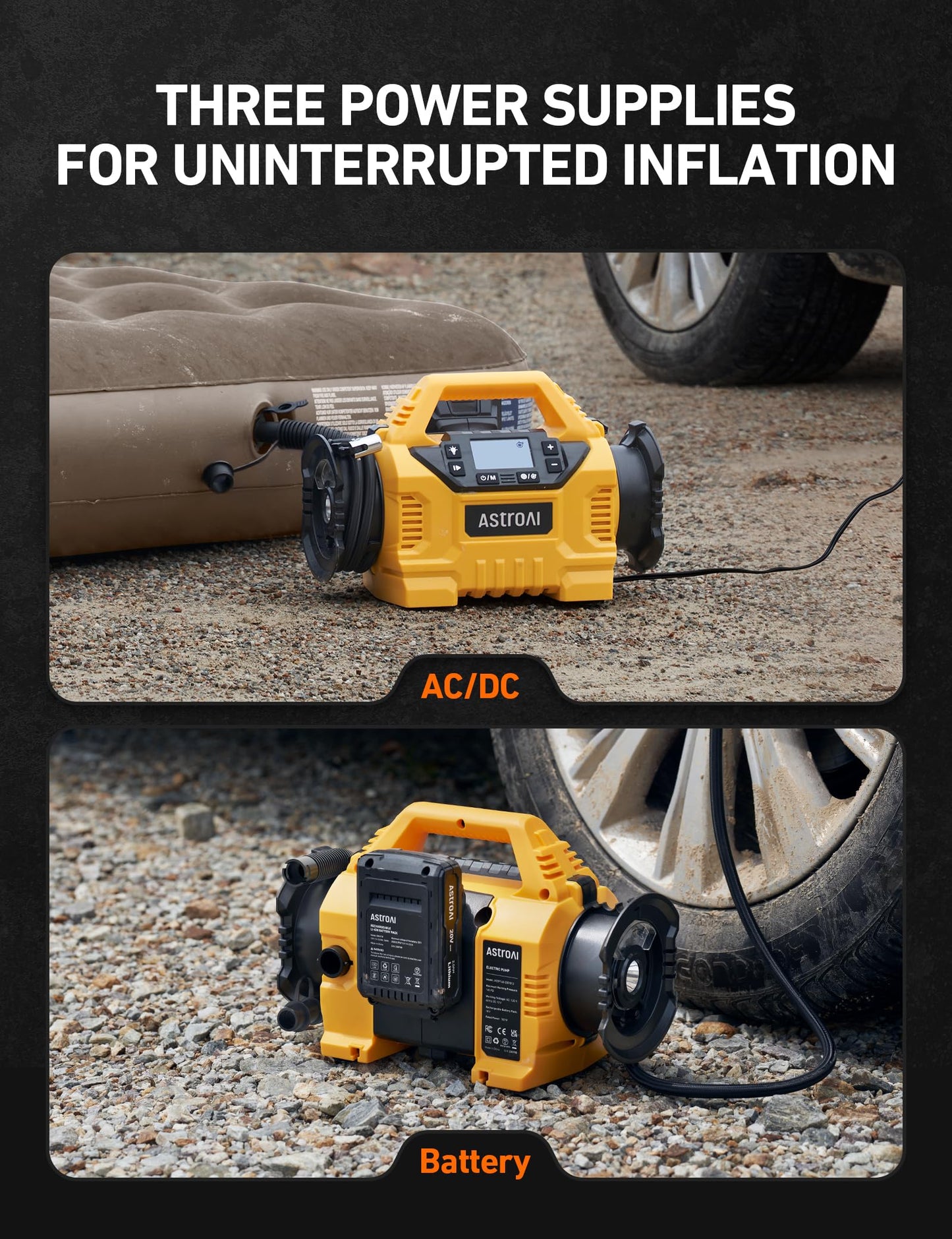 AstroAI MC3 Cordless Tire Inflator Portable Air Compressor for Car Tire Pump 160PSI with HD Screen, 3 Power Sources & Dual Powerful Motors, Heavy Duty Air Pump Inflation/Deflation