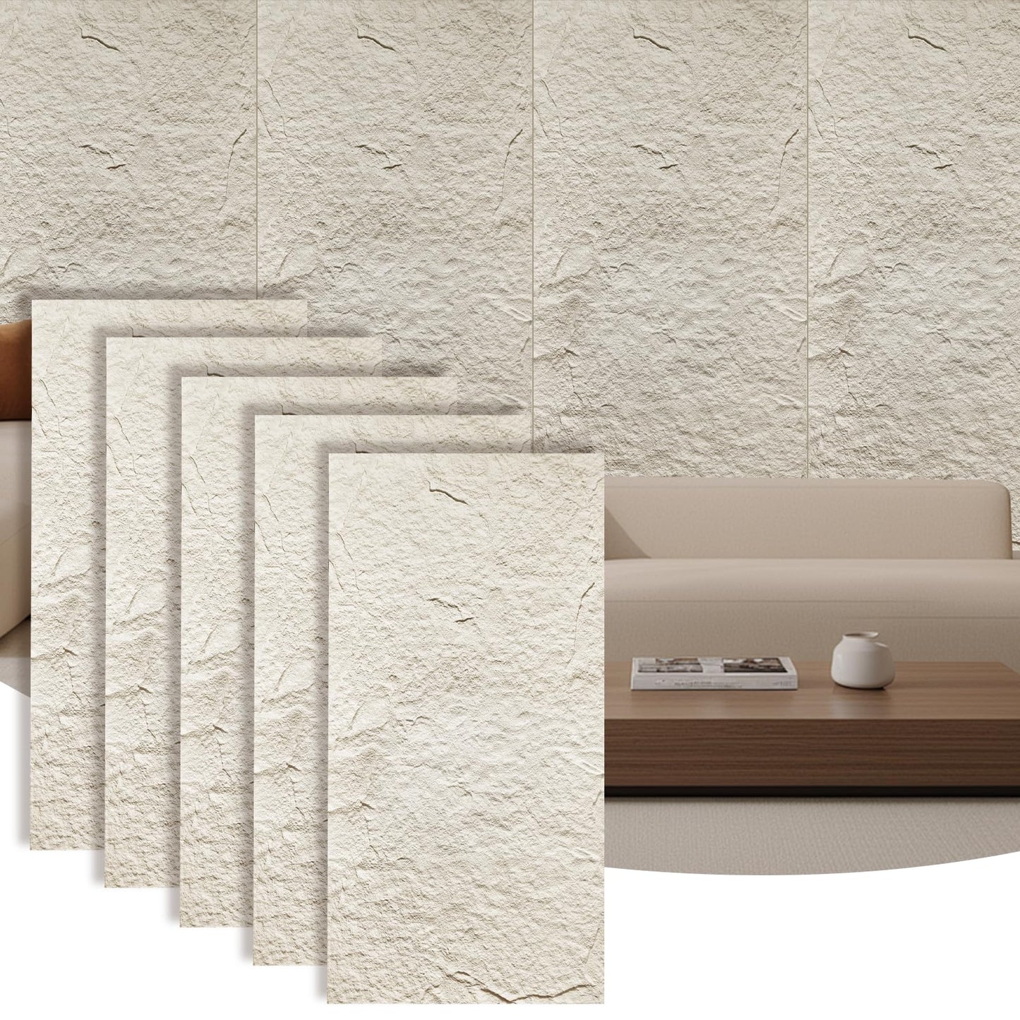 Artbrix 5-Pack 3D Faux Stone Wall Panels, PU Cement-Texture Wainscoting Panels for Interior Walls – Waterproof & Lightweight, Covers 38.7 Sq.Ft, 47.2" x 23.6", for TV Wall, Office, Living Room,White