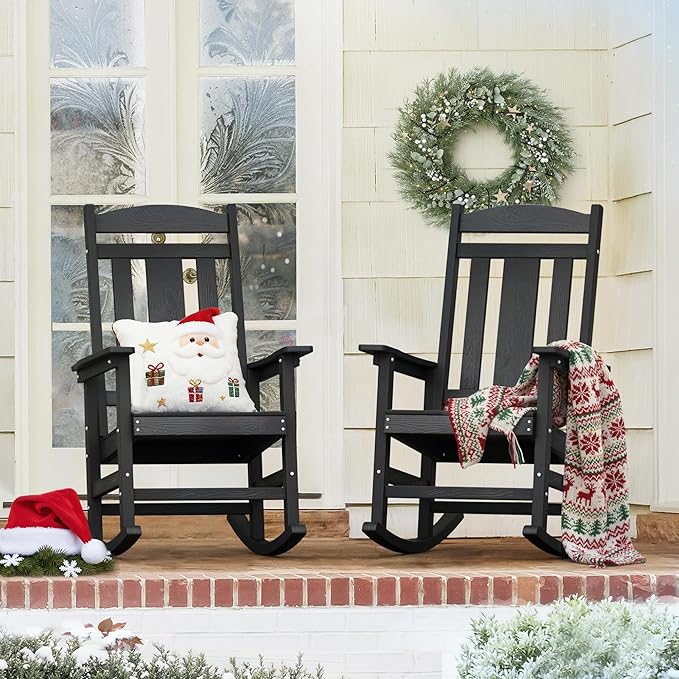 LUE BONA Outdoor Rocking Chairs Set of 2, Weather Resistant Poly Plastic Rocker, 350lb Heavy Duty, Oversized Porch Rocker for Adult, High Back Smooth for Outdoor & Indoor, Black
