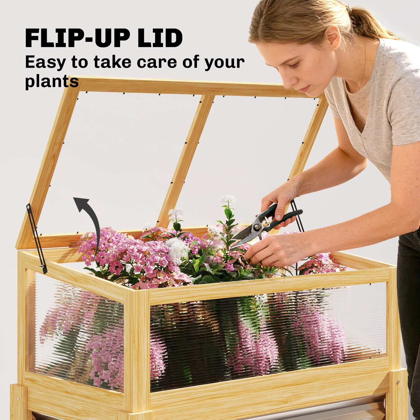 Outsunny Wooden Raised Garden Bed with Flip-Up Greenhouse Top, Raised Garden Bed with Legs and Bed Liner, Elevated Planter Box for Flowers, Vegetables, Herbs, Natural