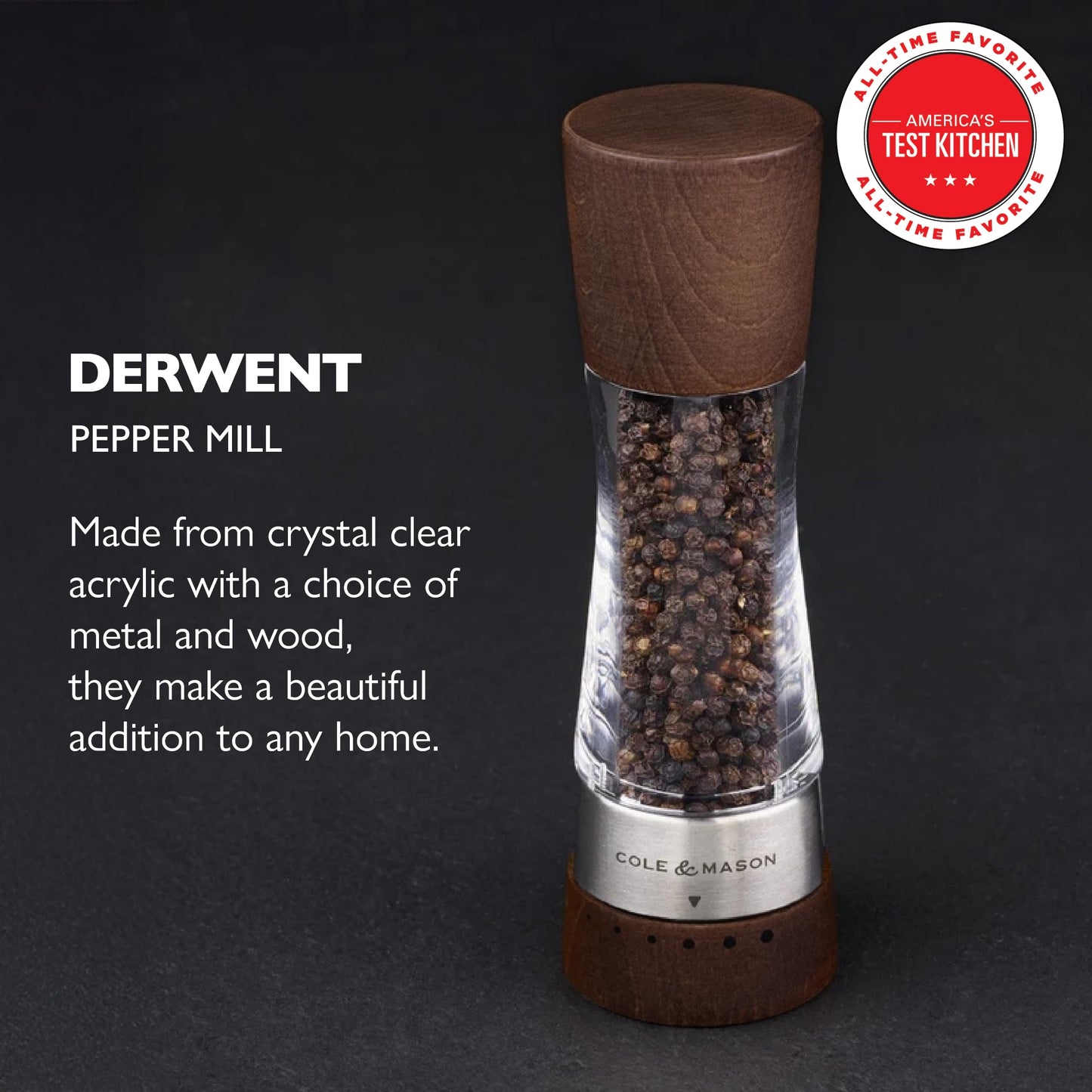 Cole & Mason Derwent Pepper Mill - Refillable Pepper Grinder with Gourmet Precision Mechanisms - Kitchen Accessories for Cooking - Black Peppercorn Grinder for Seasoning - Pepper Mill, Forest Wood