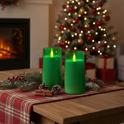 Raycare St. Patrick's Day Flameless Electronic Pillar Candles with Remote Control and Timer- Battery Operated Realistic Flickering LED Fake Candle for Home, Wedding Decor,Green,Set of 2(3"x6"6")