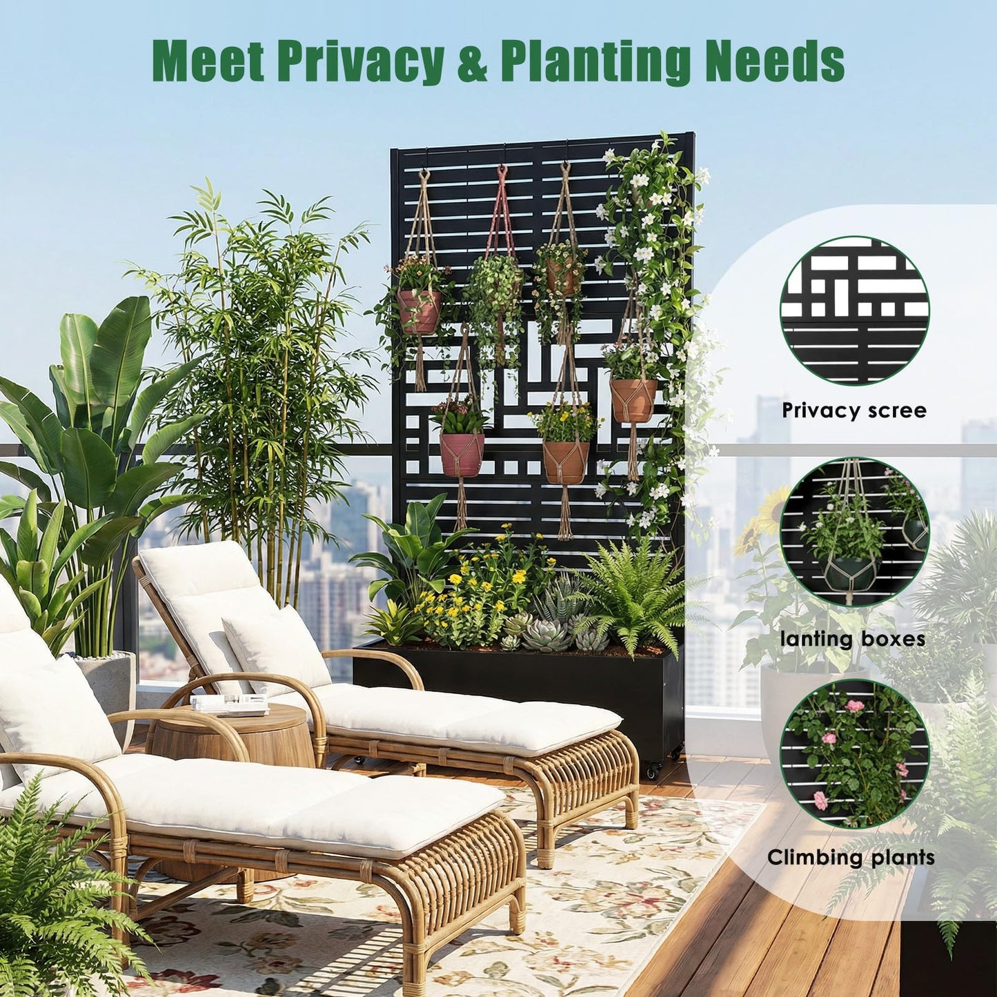 Metal Planter Box with Trellis Standing Planter Box for Climbing Plants/Vines Raised Garden Bed On Wheels 70.87x35.43x15.75 Inch