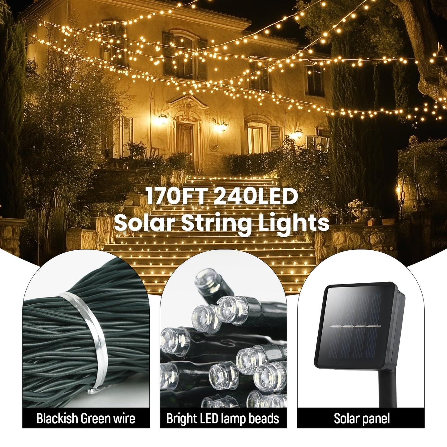 Solar String Lights for Outside, 2 Pack 240 Led Solar Christmas Lights Outdoor Waterproof 82ft Solar Fairy Lights 8 Lighting Mode Solar String Lights Idea for Garden,Courtyards,Trees(Warm White)