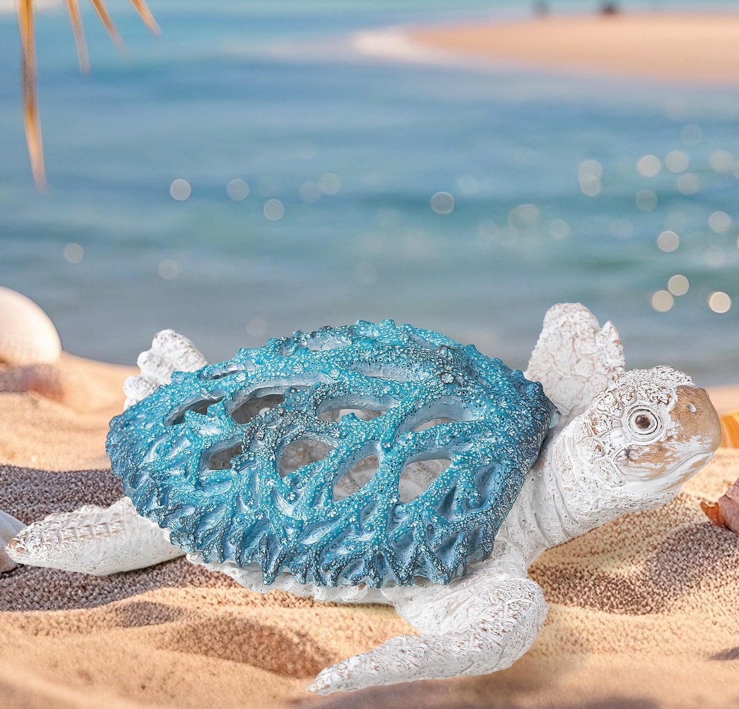 VVGIFTS Ocean Decor Sea Turtle Coral Reef Home Office Decor Sculpture Beach Coastal Tabletop Shelf Collection (Blue)