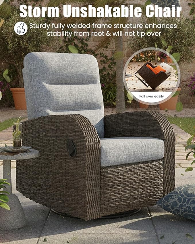 Outdoor Swivel Recliner Chair Set of 2, All-Weather Wicker Reclining Patio Chair with Adjustable Backrest and Footrest