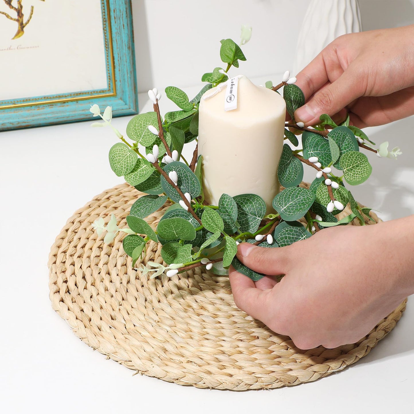 Healeved 4pcs Eucalyptus Wreaths Small Spring Candle Rings Wreaths Easter Candle Rings for Pillars, 9. 43x9. 43x0. 79in