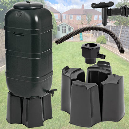 100L Black Slimline Space Saver Water Butt Kit Complete with Stand, Lid and Diverter Rain Saver For Gardens & Decking Areas