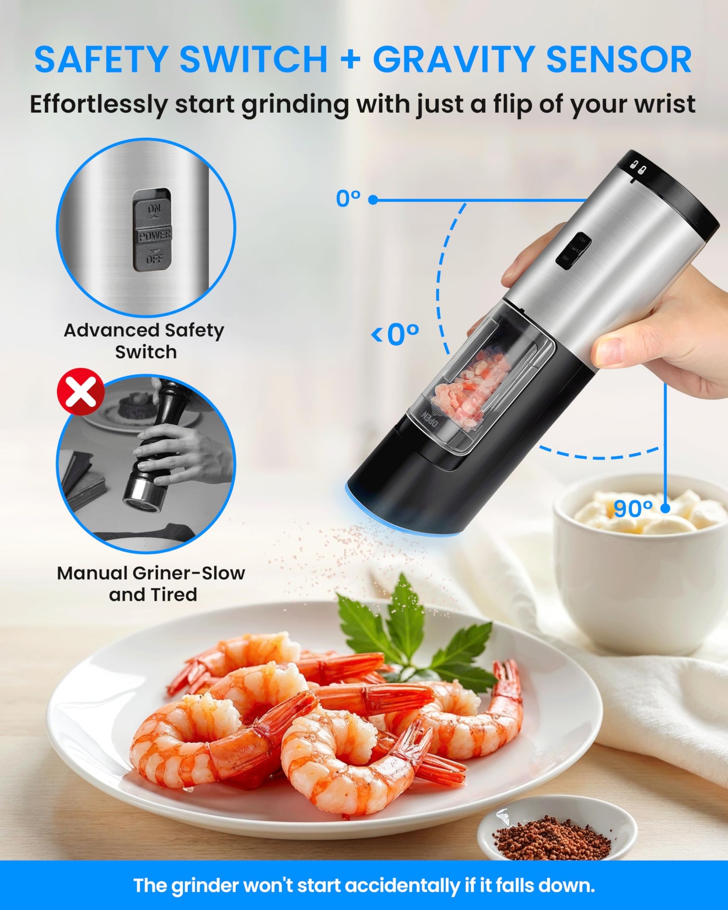 Simple Deluxe Stainless Steel Gravity Electric Salt & Pepper Grinder Set, Battery Powered with Blue LED Light, Adjustable Coarseness, One Hand Automatic Operation, Silver