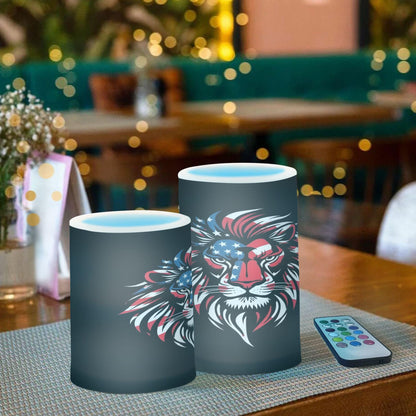 Grgvtei Flameless Candles American Flag Lion Head Flickering LED Pillar Candles with Remote & Timer, Battery Operated Set of 2 Warm Glow for Wedding Party Home Decoration