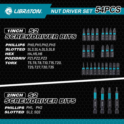 LIBRATON 54PCS Magnetic Nut Driver Set, Impact Drill Driver Bit 1/4", Metric & SAE Nut Driver for Impact Drill, Socket Adapters, Screwdriver Bits, Quick-Release Extension, Wing Nut Driver, Storage Box