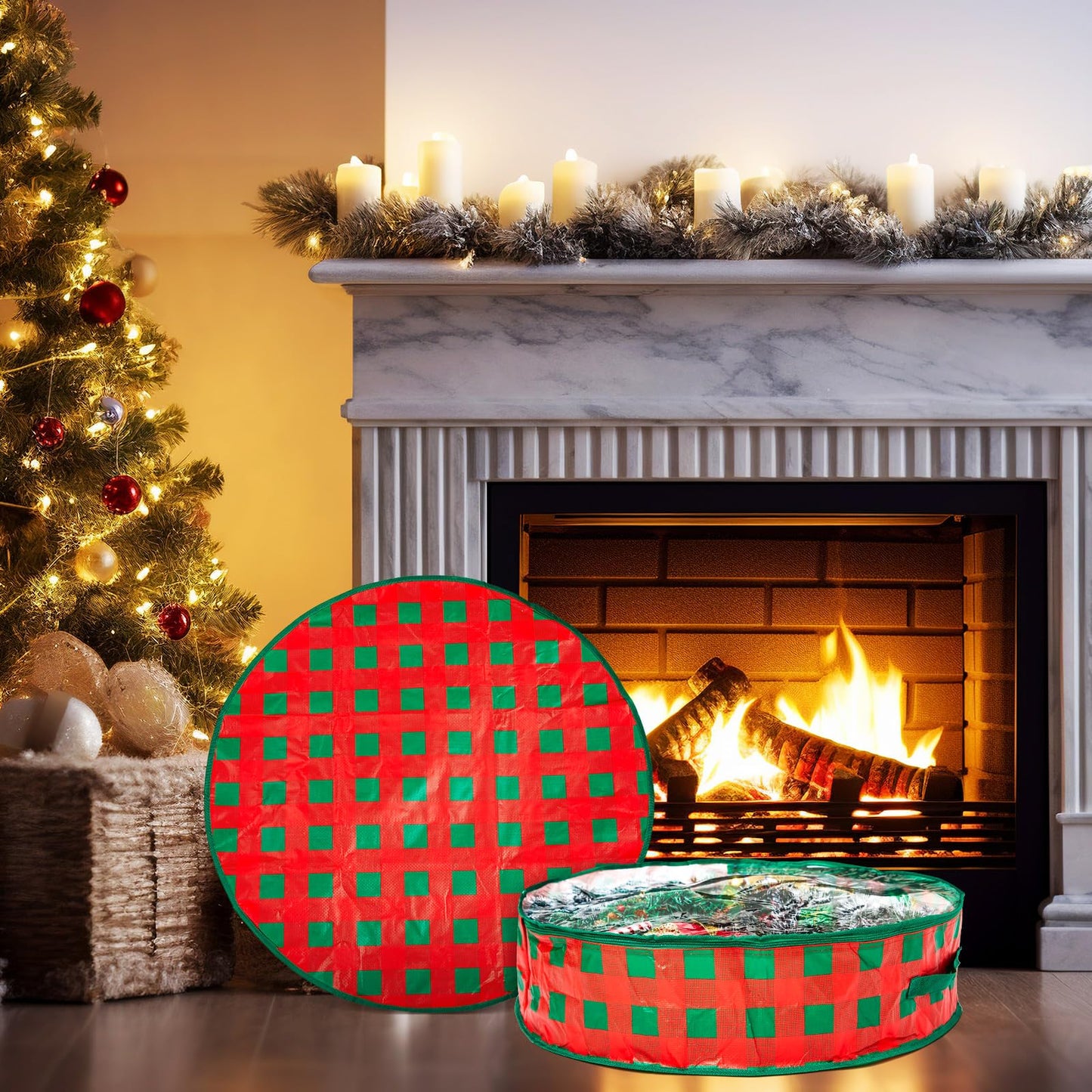 Aliceset 4 Pack Wreath Storage Containers, Ornament Garland Wreath Storage Bags with Handle Zipper Decorative Storages Box for Christmas in July Wreaths(24 x 24 x 7.8 Inch,Red Green Plaid)