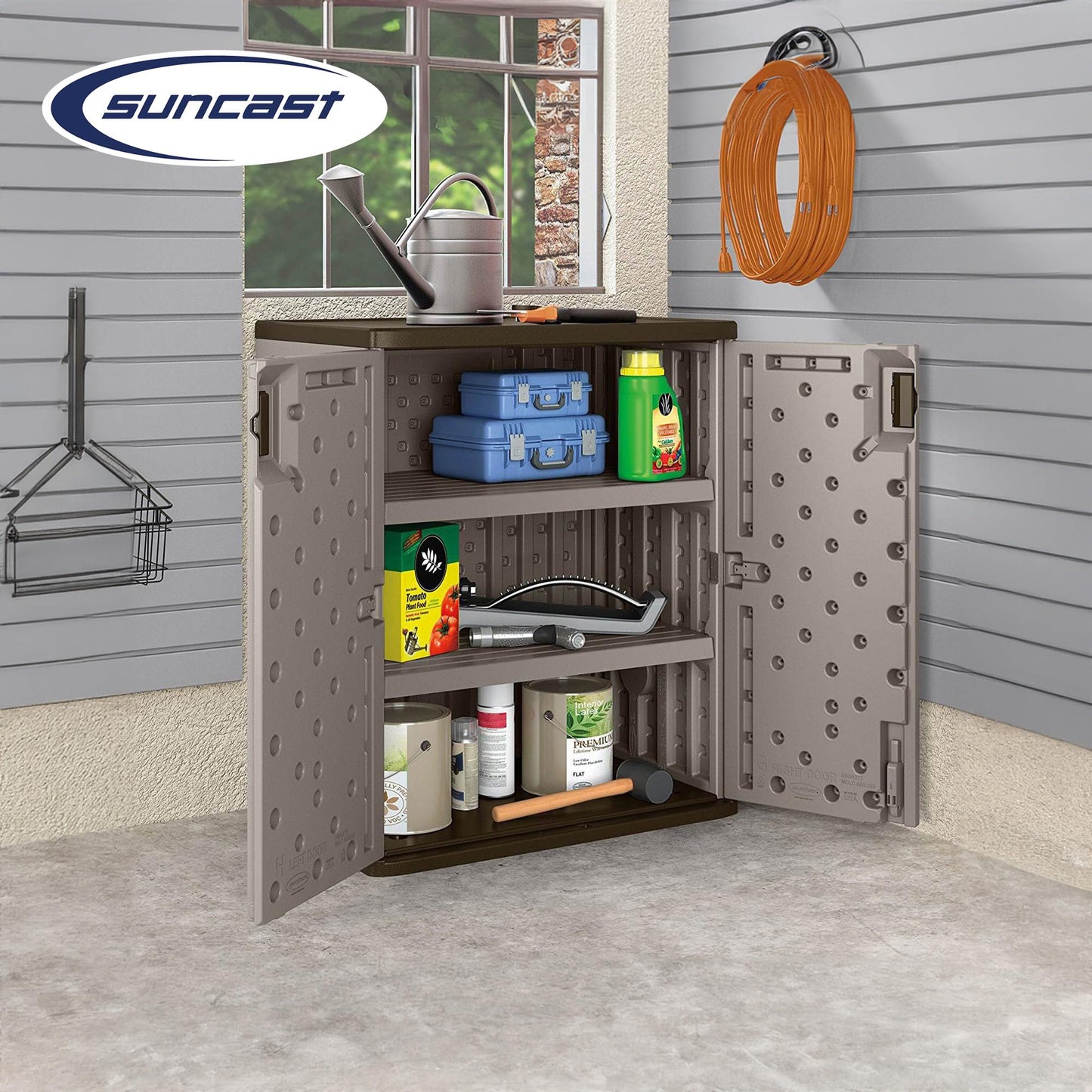 Suncast Base Storage Cabinet for Garage Organization, 9 Cu. Ft. Capacity, Platinum Metallic & Slate - Lockable Multi-Wall 2-Shelf Resin Organizer for Garden Supplies, Paint Cans & Outdoor Tools