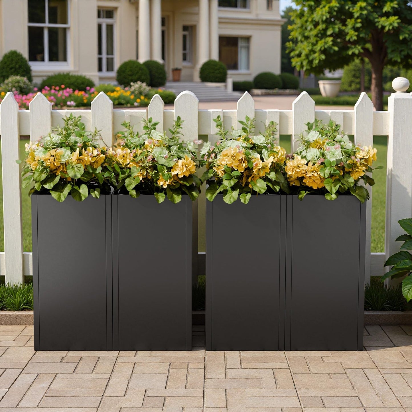 Diyfire Black Tall Metal Planters Box for Outdoor Plants 4 Pack- 23.6" H Steel Tall Square Planter with Removable Insert Shelf, Modern Heavy Duty Pedestal Planter Front Porch Decor Patio Garden