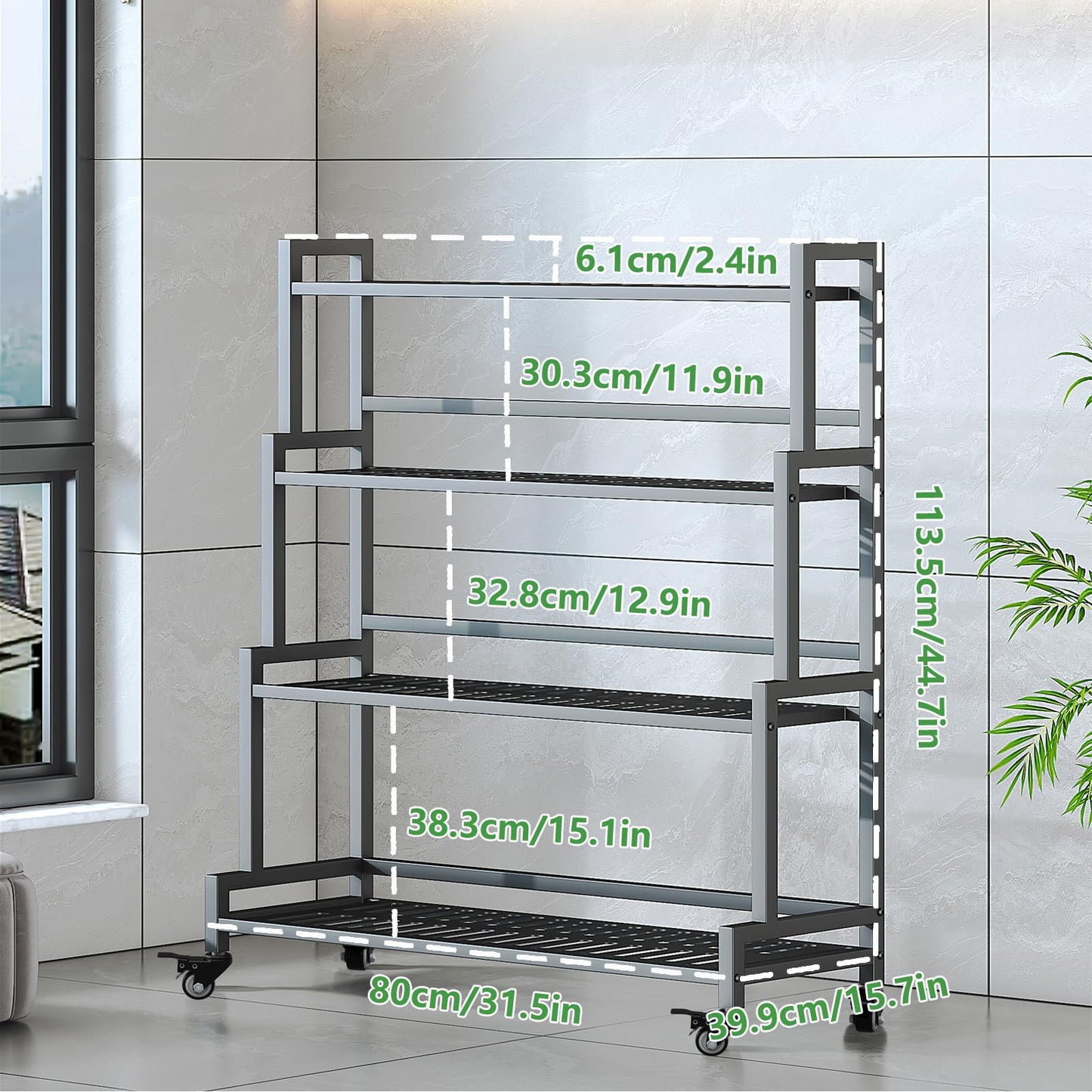 YIZAJIA Plant Stand Indoor 4 Tier Metal Outdoor Tiered Stands Shelf With wheel for Multiple Plants Potted Ladder Plant Holder Table Plant Pot Stand for Window Garden Balcony Living Room (4 Tier-Black)