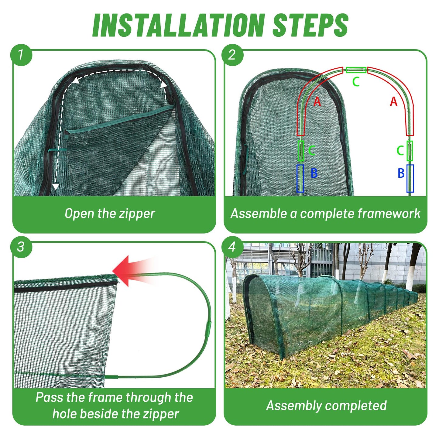 Chicken Runs for Yard,79" & 157" Extra Long Foldable Chicken Tunnels for Outside,All-in-One Kit with Sun Protection Net, Removable Door, Frame & Tools (Green, 315 * 21 * 32 inches)