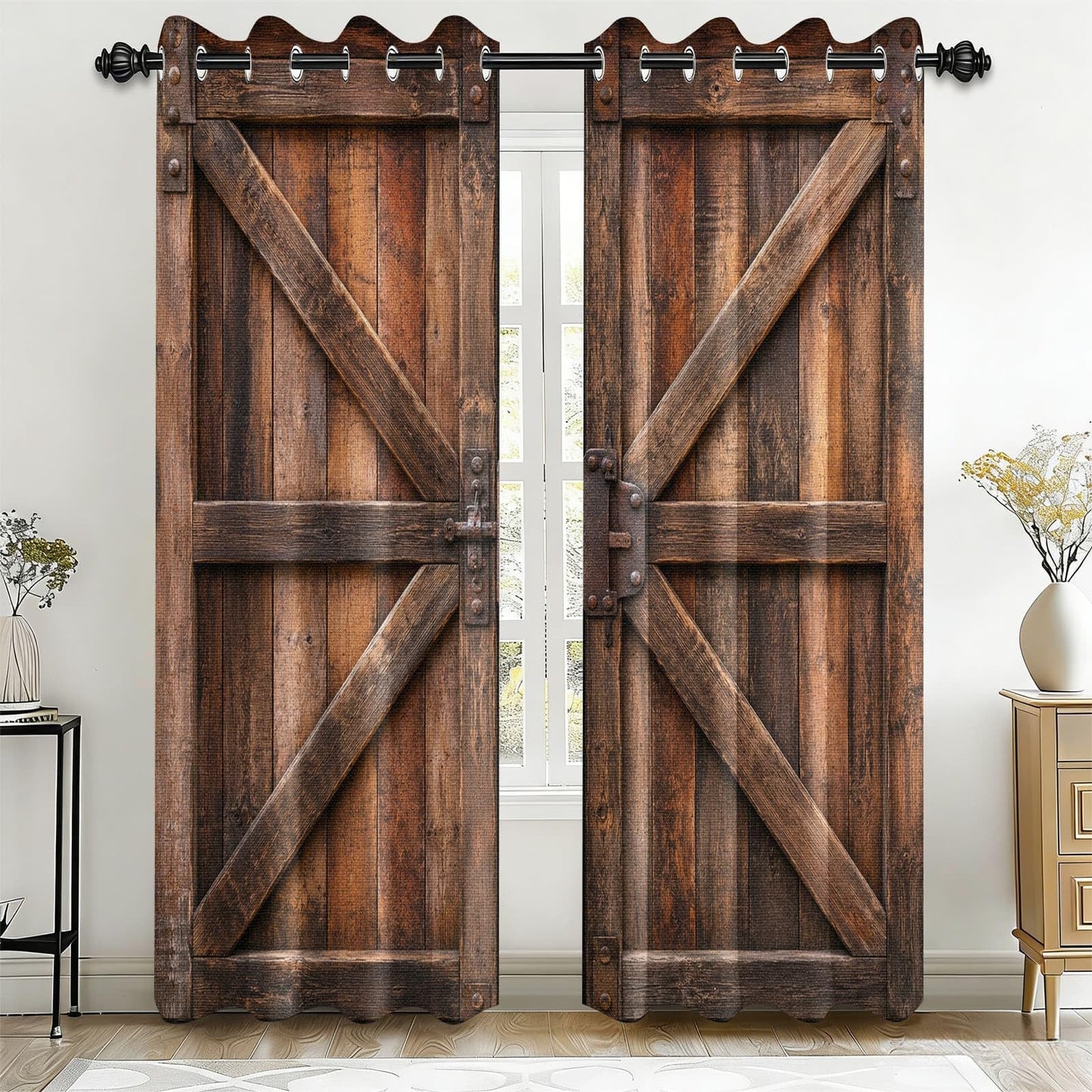 Warm Brown Rustic Barn Door Blackout Curtains, Vintage Wooden Texture Grommet Top Window Drapes, Thermal Insulated Room Darkening Curtains for Bedroom Farmhouse Cabin, 2 Panels Set, 37"W x 63"L