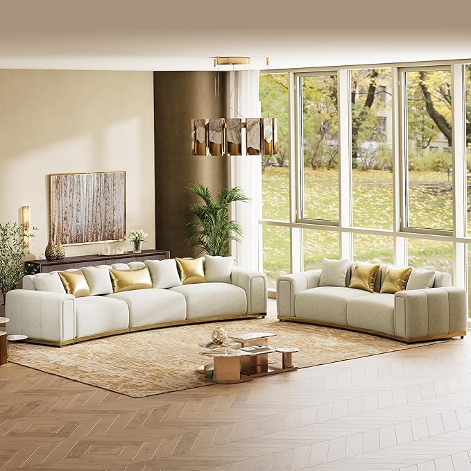 Oversized Luxury Chesterfield Sofa Set Velvet Beige and Gold Couch