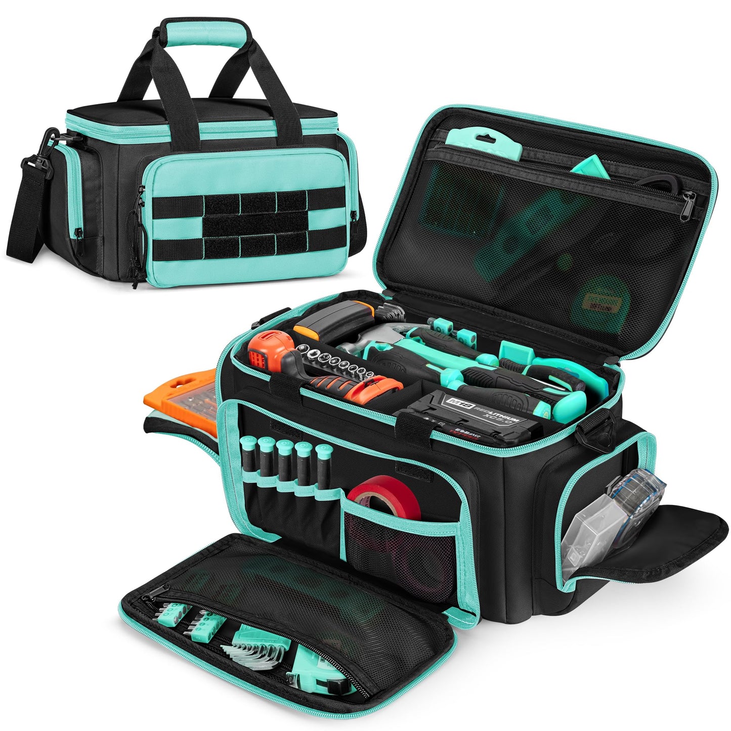 Trahzia Tool Tote Bag for Women, Tool Storage Organizer with Anti-friction Bottom, Tactical Range Bag for Electrician, Carpenters, Repairman, Turquoise