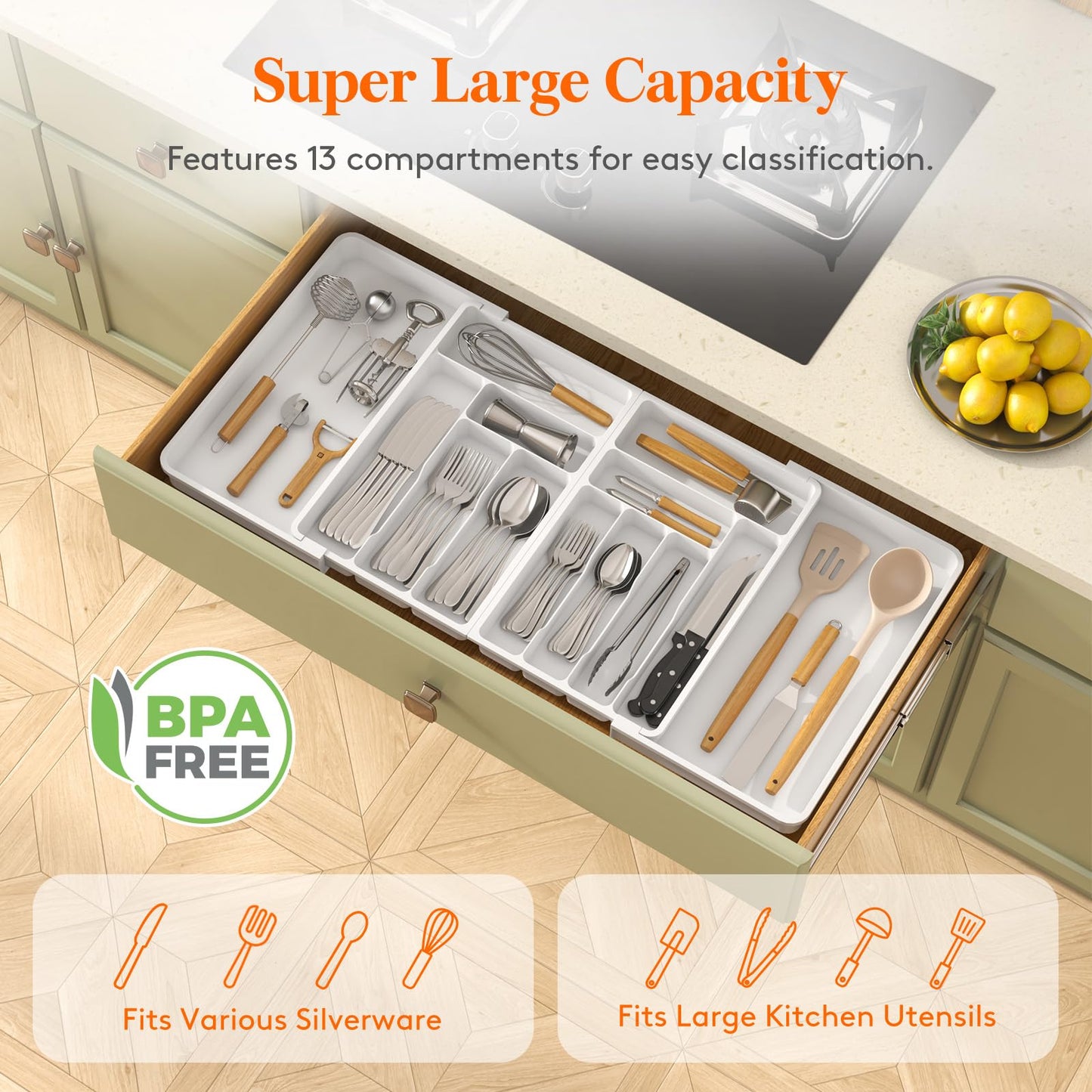 Lifewit Large Silverware Drawer Organizer, Expandable From 21 to 36 Inches, BPA Free Plastic Utensil Tray for Kitchen, Adjustable Flatware and Cutlery Holder for Spoons Forks Knives, Black