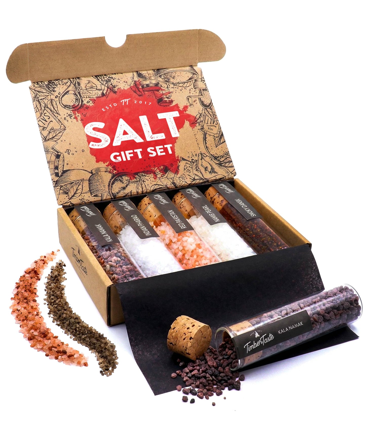 TIMBER TASTE® Premium Salt Sampler Set - 5 Gourmet Finishing Salts Smoky Gold Kala Namak Indian Pharao Pyramidensalz Namib Pearl | Sea Salt Mens Gifts Foodie Cooking Kit - Birthday Gift for Him