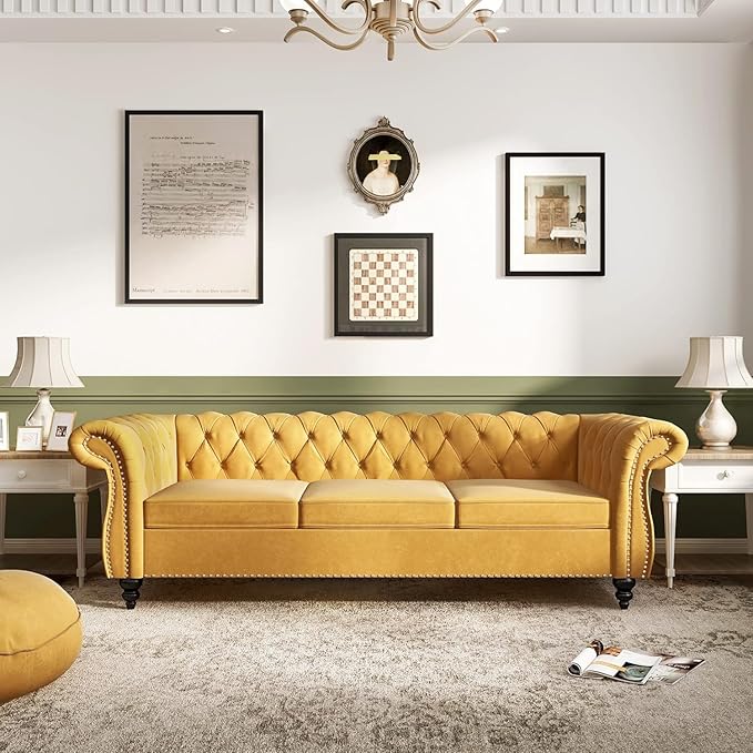 Mid-Century 3 Seater Sofa, Velvet Couch