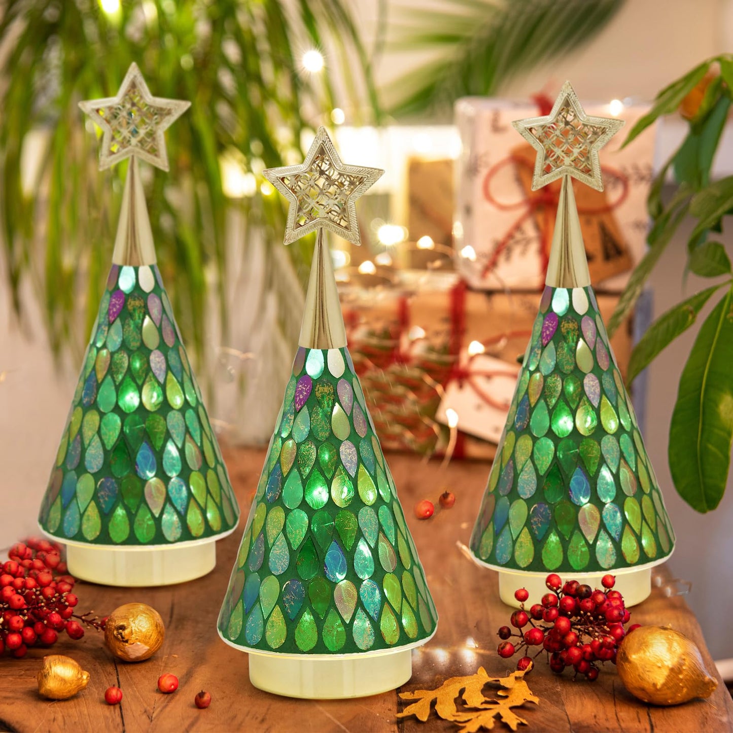 Green Glass Tabletop Christmas Trees, 3 PCS Handmade Mosaic Glass Small Christmas Trees with Light, Battery Operated Xmas Tree for Bedroom Decor 11"
