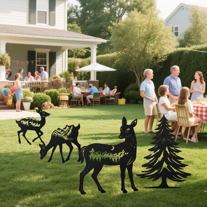 Romart Deer and Pine Tree Decorative Garden Stakes, 4 Pcs Forest Silhouette Metal Garden Stakes for Outdoor Yard Lawn Decor, Christmas for Nature Lovers