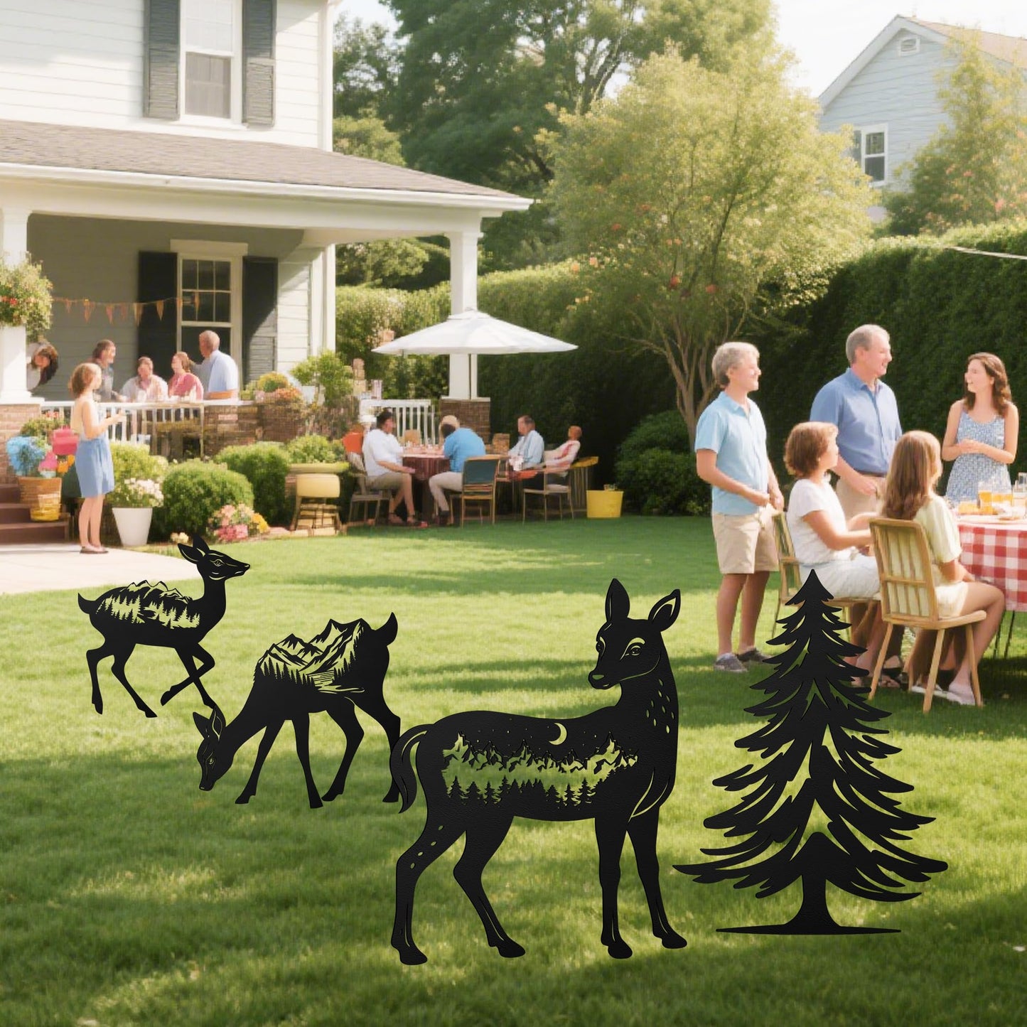 Romart Deer and Pine Tree Decorative Garden Stakes, 4 Pcs Forest Silhouette Metal Garden Stakes for Outdoor Yard Lawn Decor, Christmas for Nature Lovers