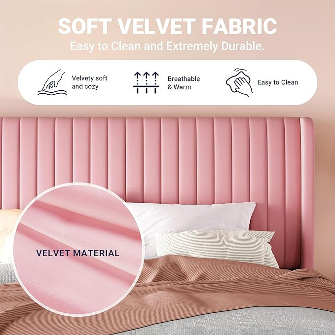 Allewie Queen Size Velvet Bed Frame/Vertical Channel Tufted Wingback