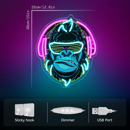 zidoni Headphones Gorilla Neon Sign Dimmable Kong Led Neon Light for Wall Decor,Game Room,Man Cave,Home Party Bar Decor,USB Powered Led Sign