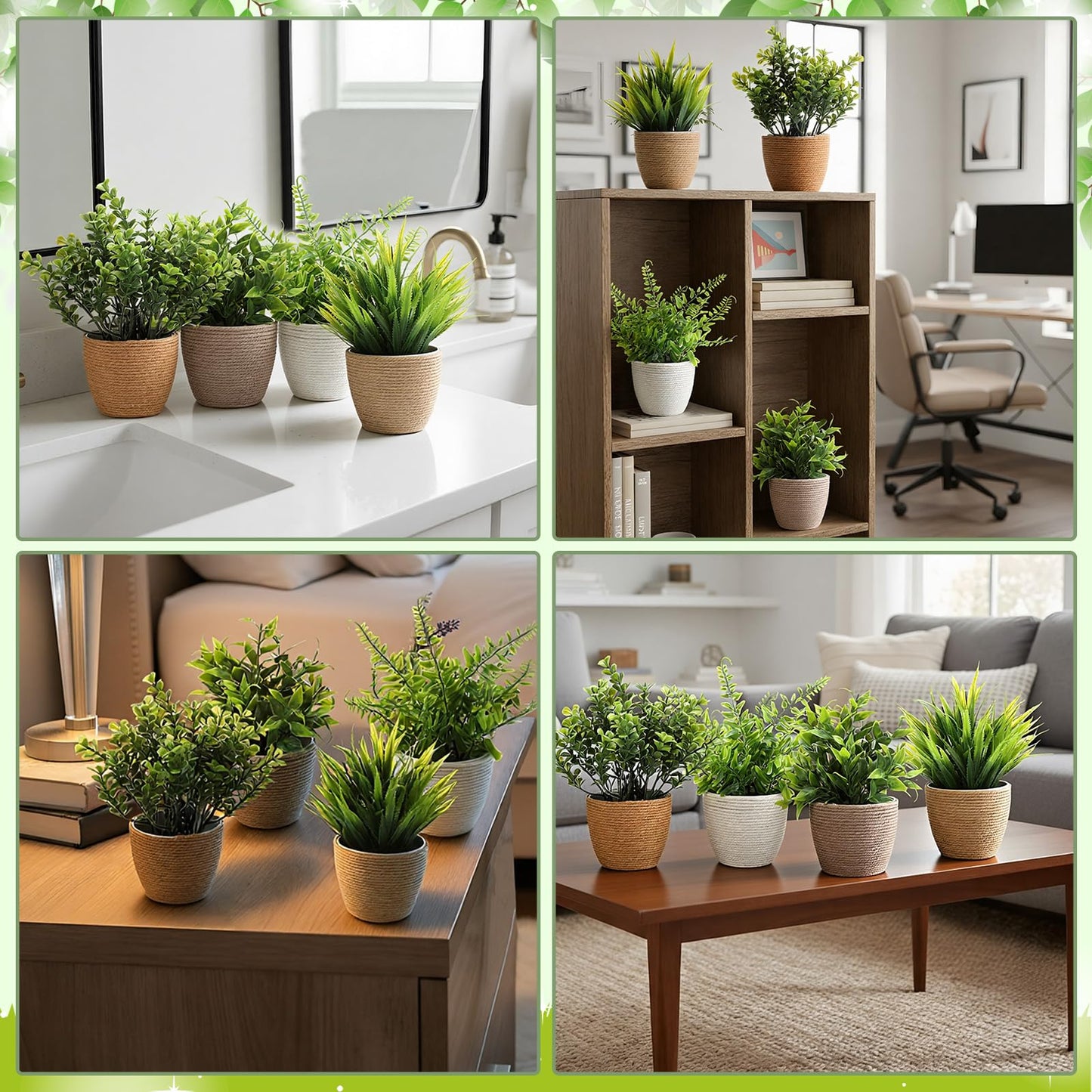 Suncalla 4 Pcs Small Woven Artificial Plants Boho Potted Fake Plants Mini Plastic Faux Eucalyptus 8.7" Greenery Indoor Farmhouse Bathroom Decor Pflanze Waterproof for Home Office Table Room Decor Gift