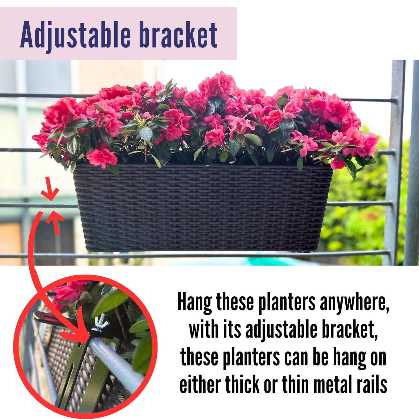 LaLaGreen Deck Railing Planter Box (20 Inch, 4 Pack) Black Rectangular Window Flower Boxes with Bracket, Self Watering System Hanging Planter Box for Outdoor Plant Container Herb Rail Fence Balcony