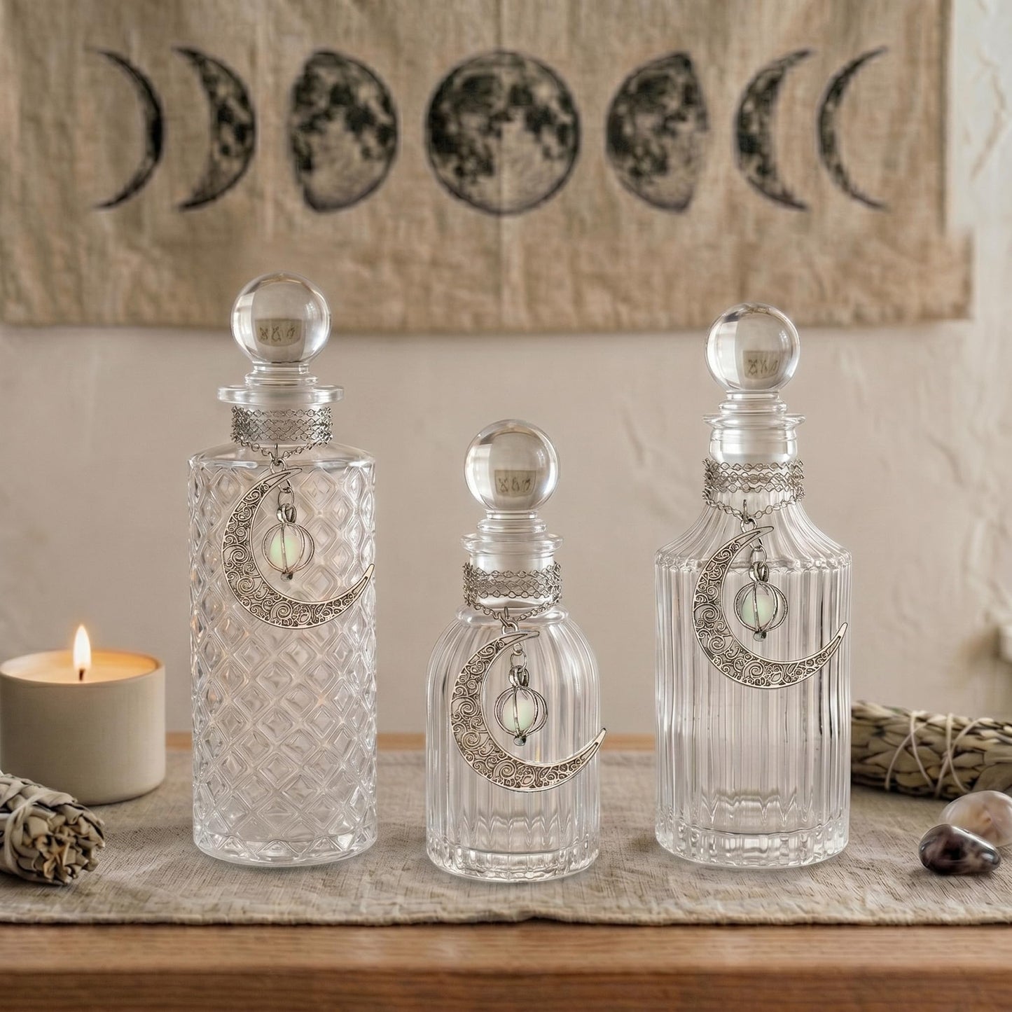 Moon Energy Glass Bottle Set with 3 Luminous Moon Pattern Necklace, Airtight Glass Jars for Crystal Cleansing, Rituals & Altar Decor Meditation Witchcraft with Leak-Proof Silicone Stopper