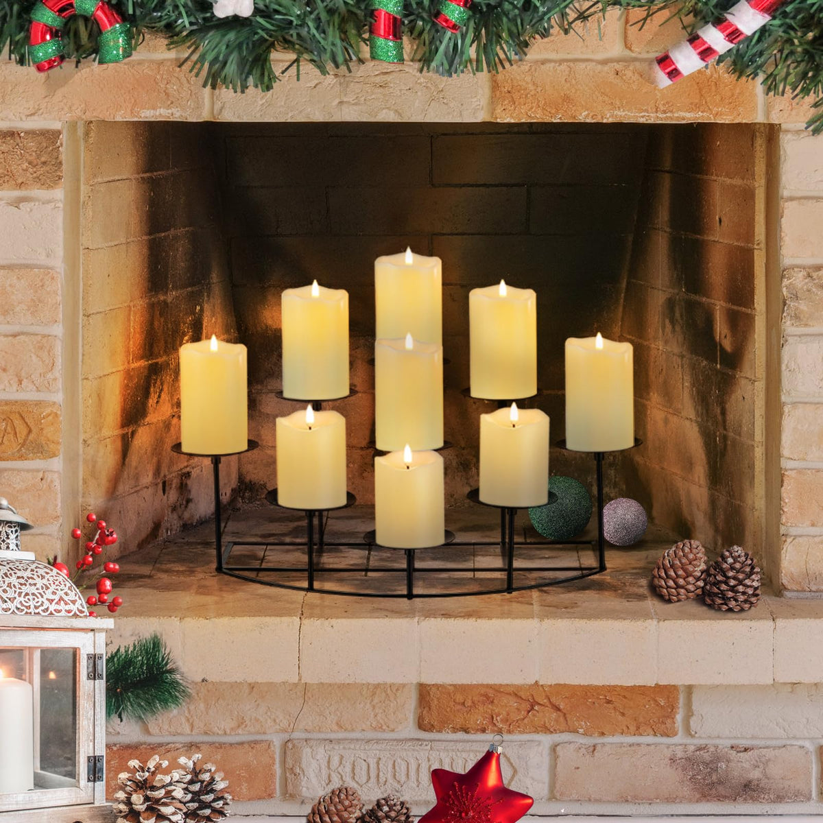Candeldo Candelabra Fireplace Candle Holder: Black Metal Pillar Candle Holders for Inside Fireplace Mantle Decor Floor Candelabras Table Centerpiece