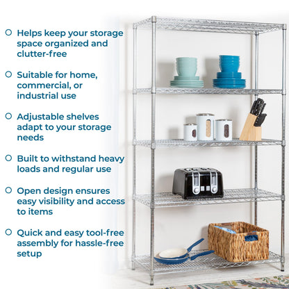 Honey-Can-Do 5-Tier Heavy-Duty Adjustable Shelves, Metal Storage Rack with 800-lb Shelf Capacity, Chrome, 18" W x 42" L x 72" H
