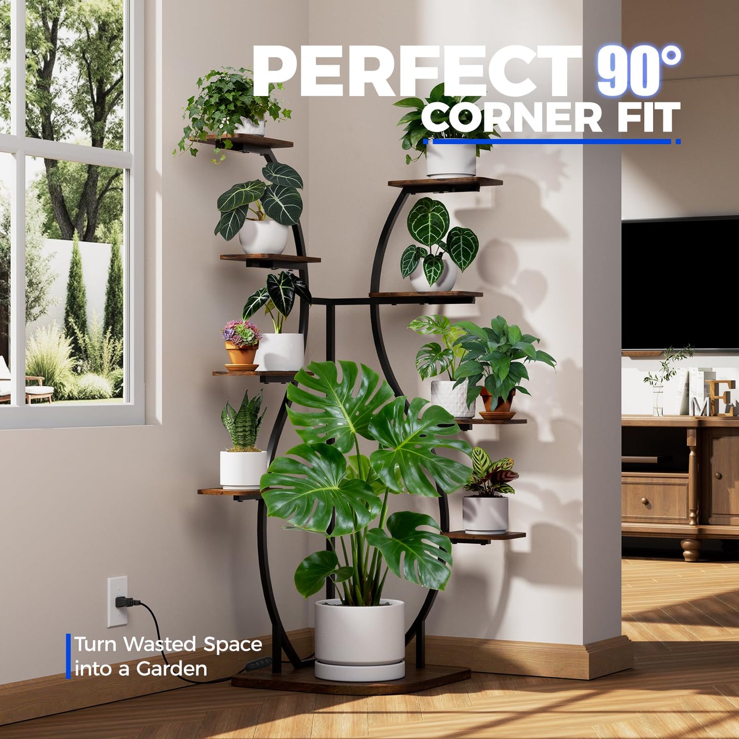 Barrina LS12 Corner Plant Stand with Grow Light, 62.2" Tall 9-Tier Plant Shelf for Large Plant, Warm Full Spectrum T5 Grow Lights, S-Shape Corner Flower Holder for Living Room, Home Decor, Gardening