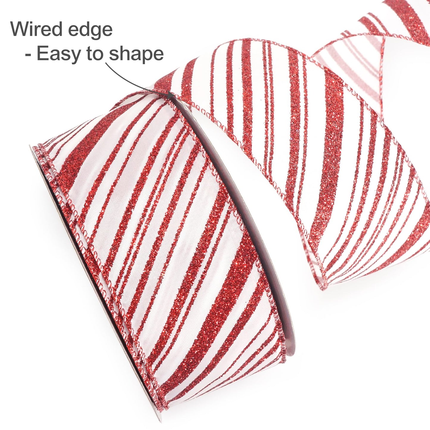 ALTIER 2.5 Inch x 40 Yards White Satin Red Glitter Stripes Wired Ribbon for Christmas Home Decoration Gift Wrapping Bow Making Wreath DIY Crafts