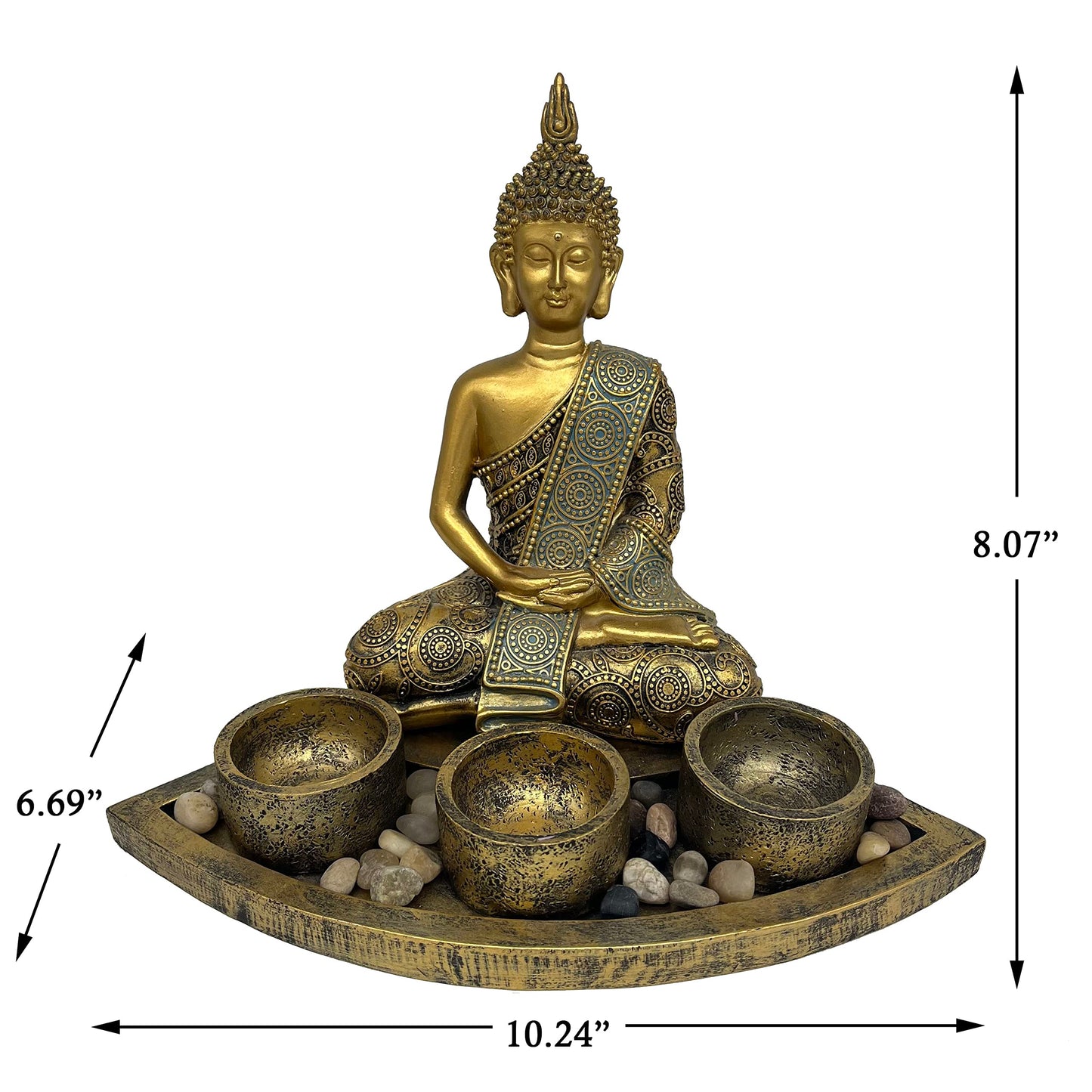 ARTCOS Meditating Buddha with 3 Tealight Candle Holder Base Sitting Zen Buddha Statue for Spiritual Room Décor Buda Sculpture Home Decoration for Peace and Harmony (Antique Gold)