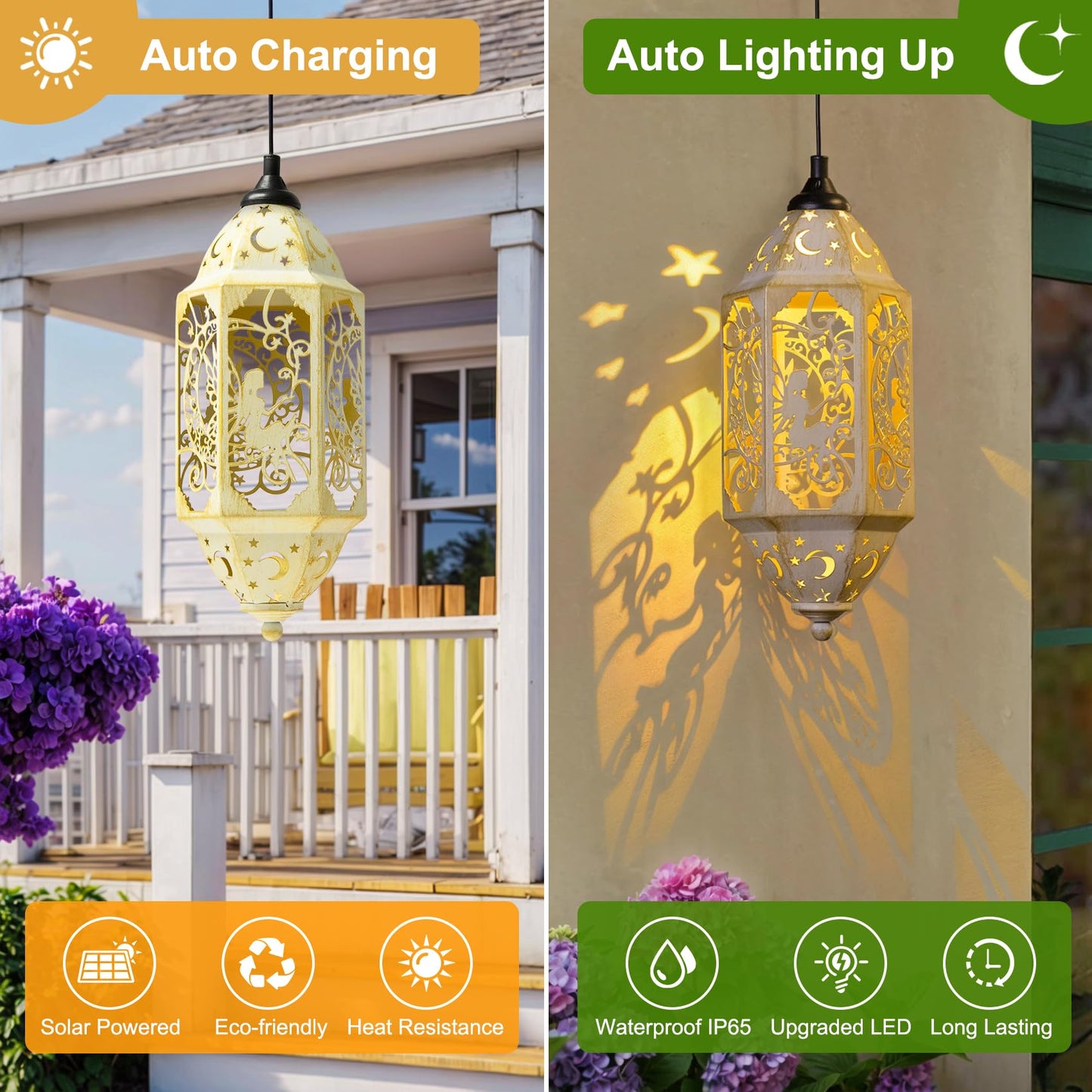 Big Outdoor Solar Lanterns Waterproof Garden Gifts for Women Mom Fairy Moon 12.4‘’ Metal Garden Lanterns Hanging Light for Patio Backyard Decorations, Mothers Day Birthday Gifts (Gold White,2Pack)