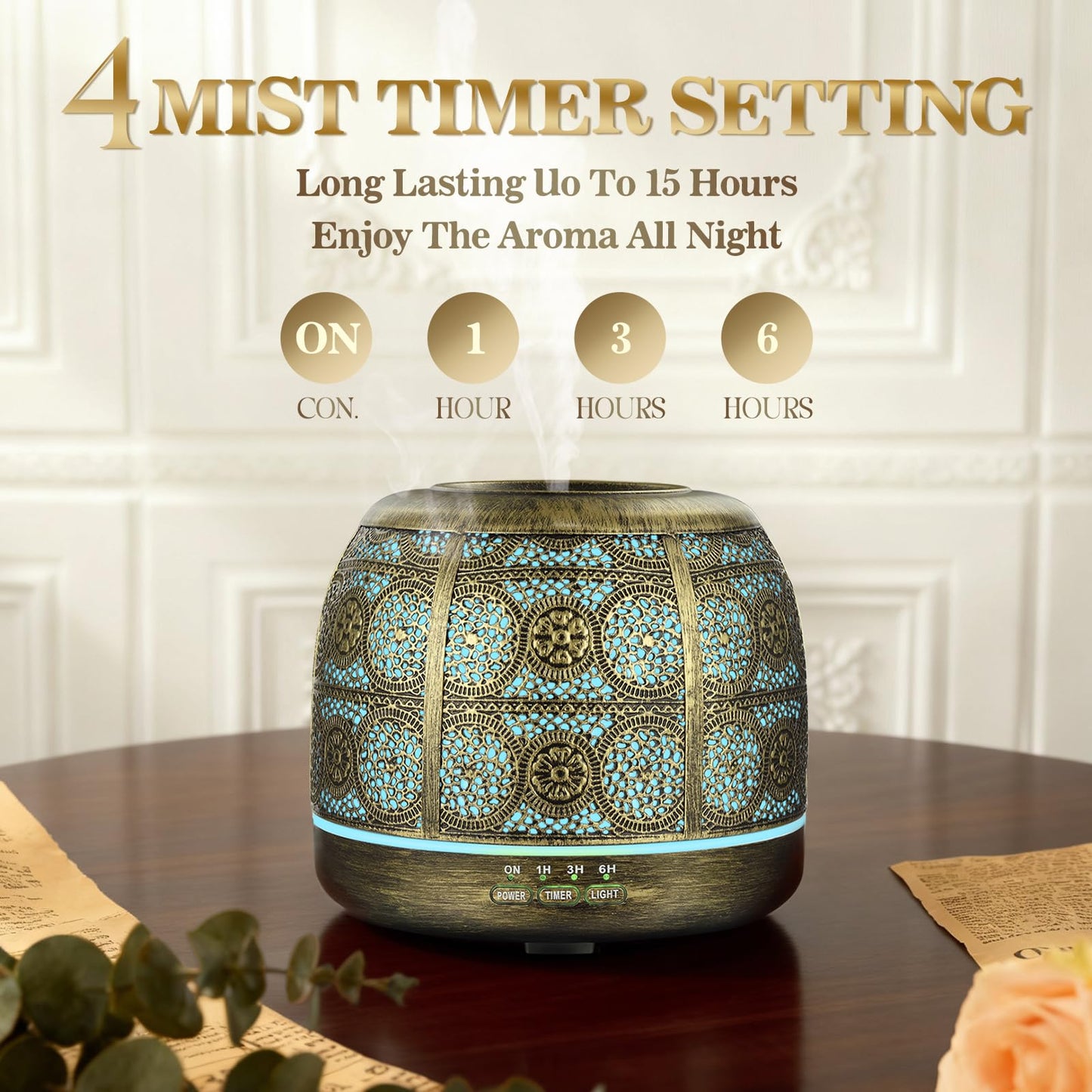 ARVIDSSON Essential Oil Diffuser 500ml, Aromatherapy Diffuser for Home, Ultrasonic Diffusers for Essential Oils, Metal Oil Diffuser with 7 Color LED Lights, Mist Timer and Auto Shut-Off Function