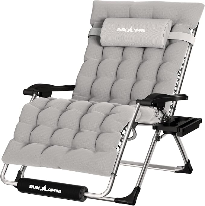 UDPATIO Oversized Zero Gravity Chair 33In XXL Lounge Chair with Removable Cushion |Pillows, Outdoor Folding Reclining with |Cup Holder |Foot Rest |Lock,Reclining Patio Chairs Grey, Support 500LB